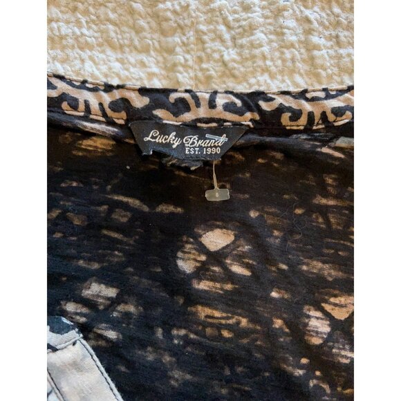 Lucky Brand Tunic Top Women's M Black Tan Boho Paisley Print Stretch 3/4 Sleeves - Picture 8 of 9